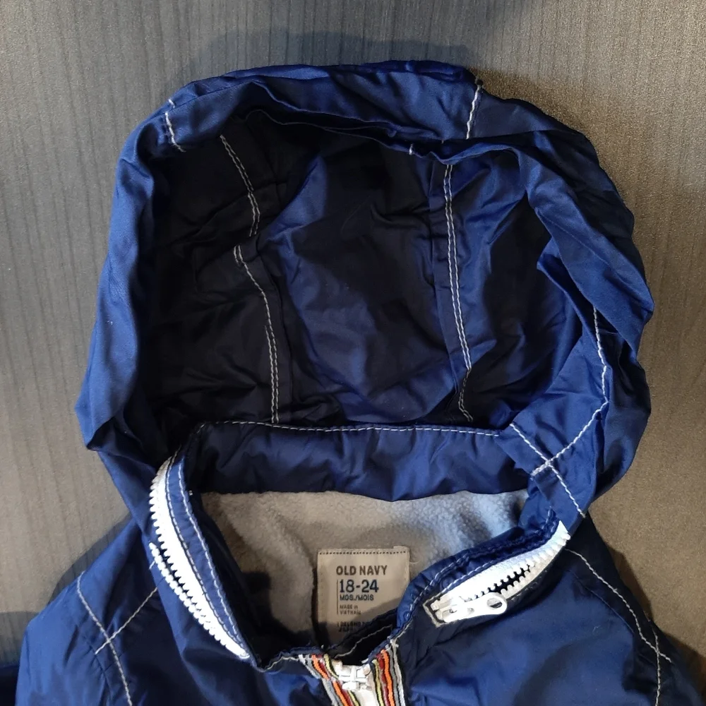 Old Navy Fleece Lined Windbreaker Jacket Retro Style Stowaway Hood Blue 18m 24m